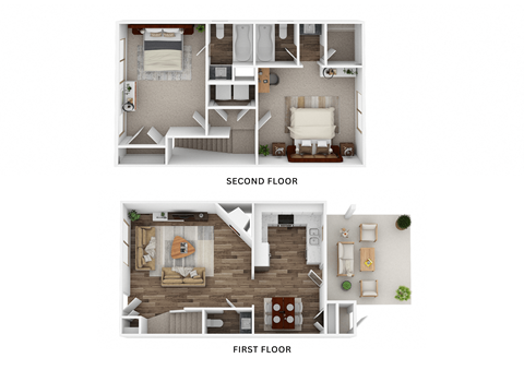Floor plan for 2 beds, 2.5 baths, 1027 sqft